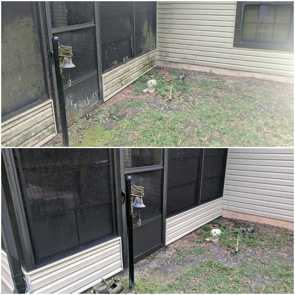 Before and after comparison of vinyl siding cleaned by License to Wash