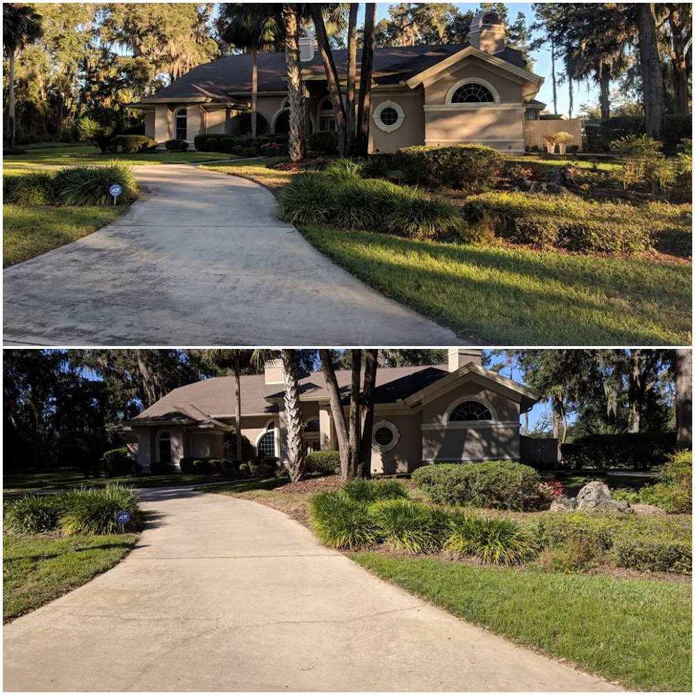 Before and after comparison of a driveway cleaned by License to Wash